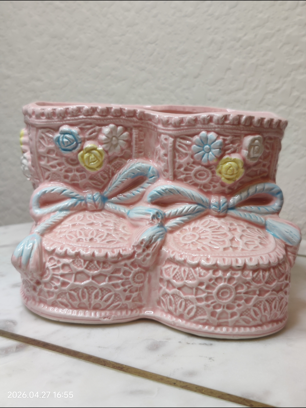 Vintage 1950s Baby Shower Gift - Pink & Blue Flower Bootie Planter